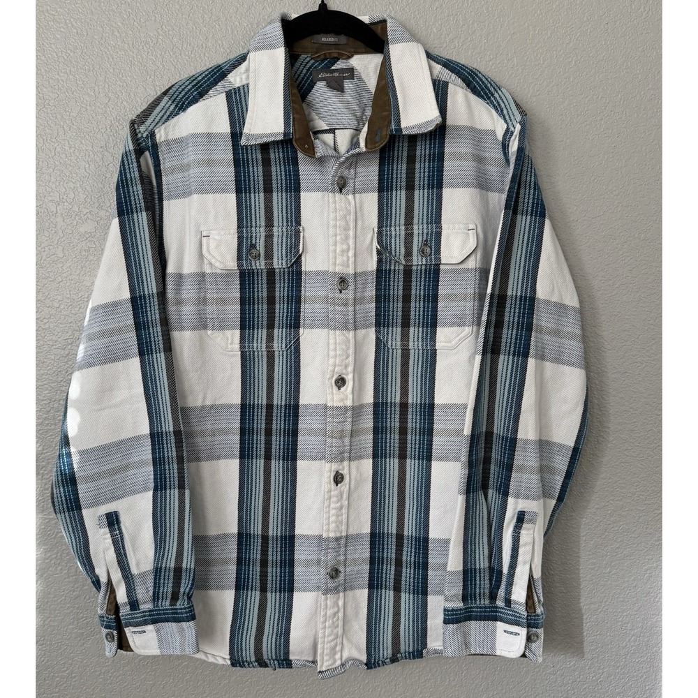 Eddie Bauer Mens L Flannel Button Heavyweight Work Shirt White Multicolored